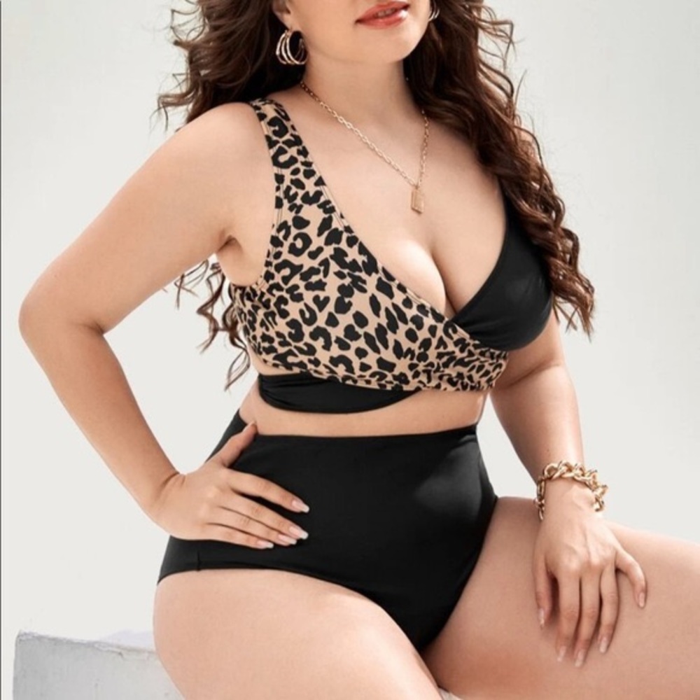 High waisted two piece leopard print swimsuit